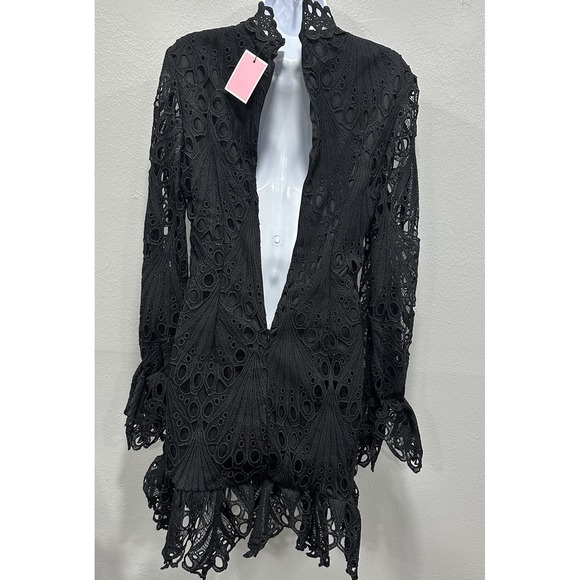 PrettyLittleThing Midi Dress Womens 8 Black Eyelet Crochet Zip Long Sleeves NWT - Picture 9 of 16
